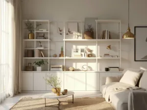 "Elegantly styled minimalist living room with white ladder bookshelf, curated decor, and soft golden hour natural light"
