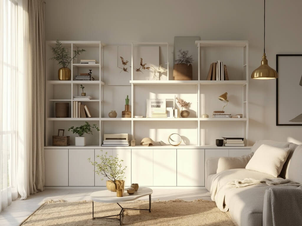 "Elegantly styled minimalist living room with white ladder bookshelf, curated decor, and soft golden hour natural light"