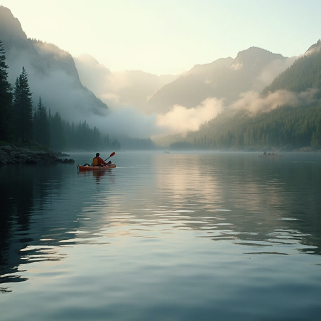Early morning kayaking on Mirror Lake with a reflection of Adirondack Mountains and surrounding pine forests in calm waters