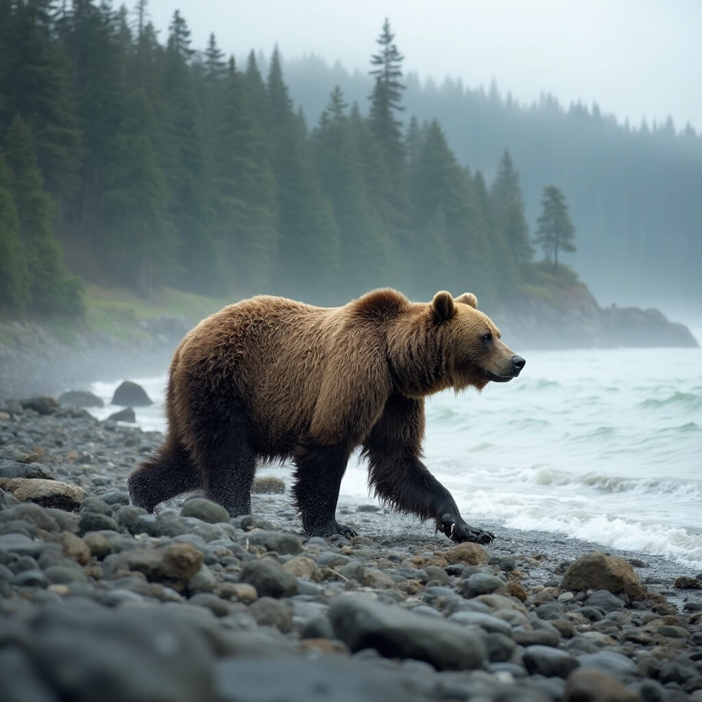Large brown bear roaming a misty rocky shoreline with dense evergreen forest backdrop in a wildlife photograph