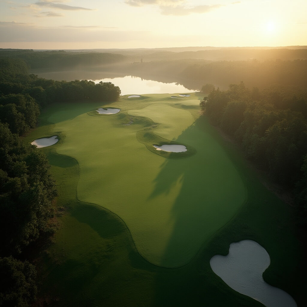 Aerial view of a championship golf course in Michigan with morning mist, golden sunrise, rolling hills, sand traps, a reflective lake, and contrasting manicured greens against a dense forest