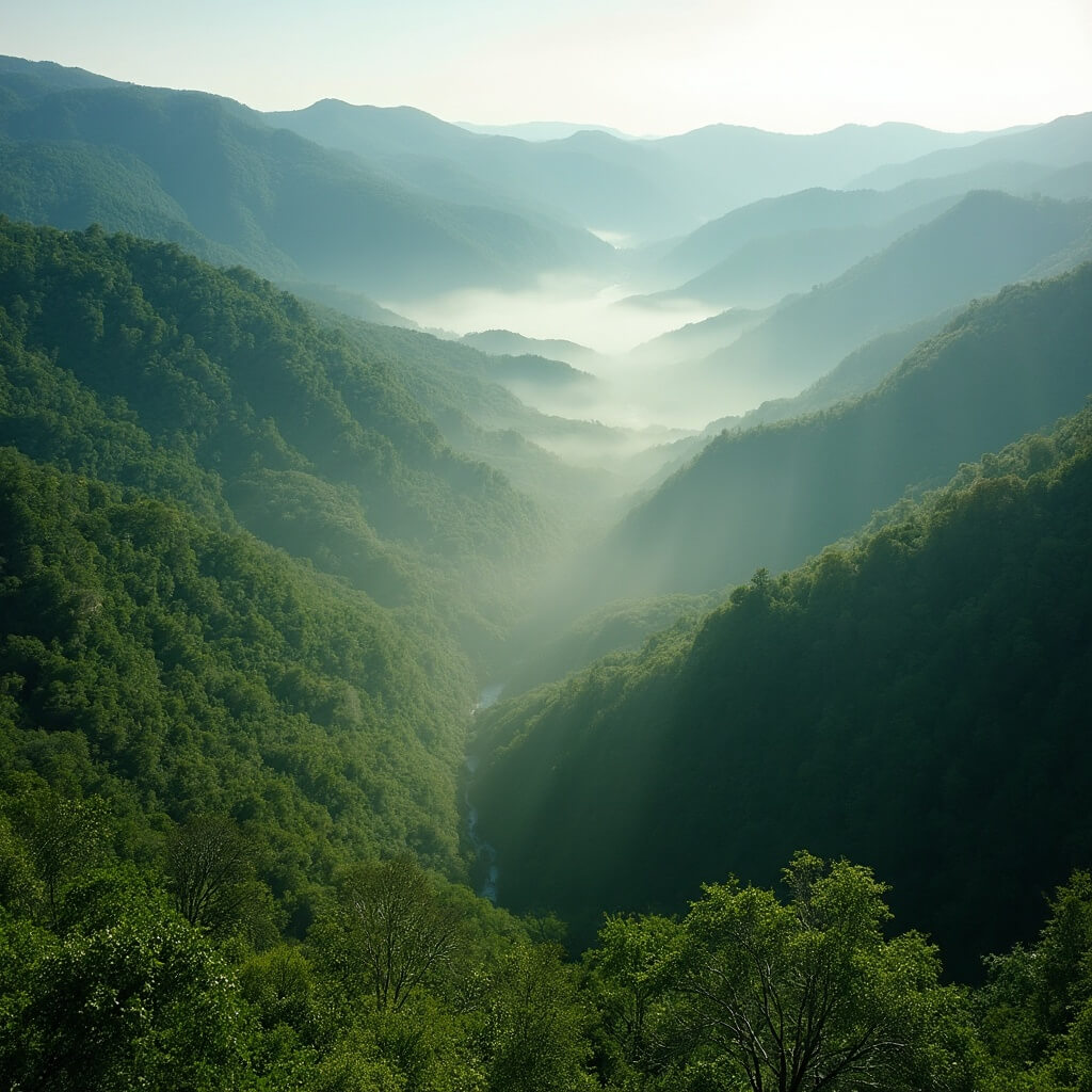 Morning mist rising in Hot Springs National Park with sunlight filtering through the dense green forest in Ouachita Mountains