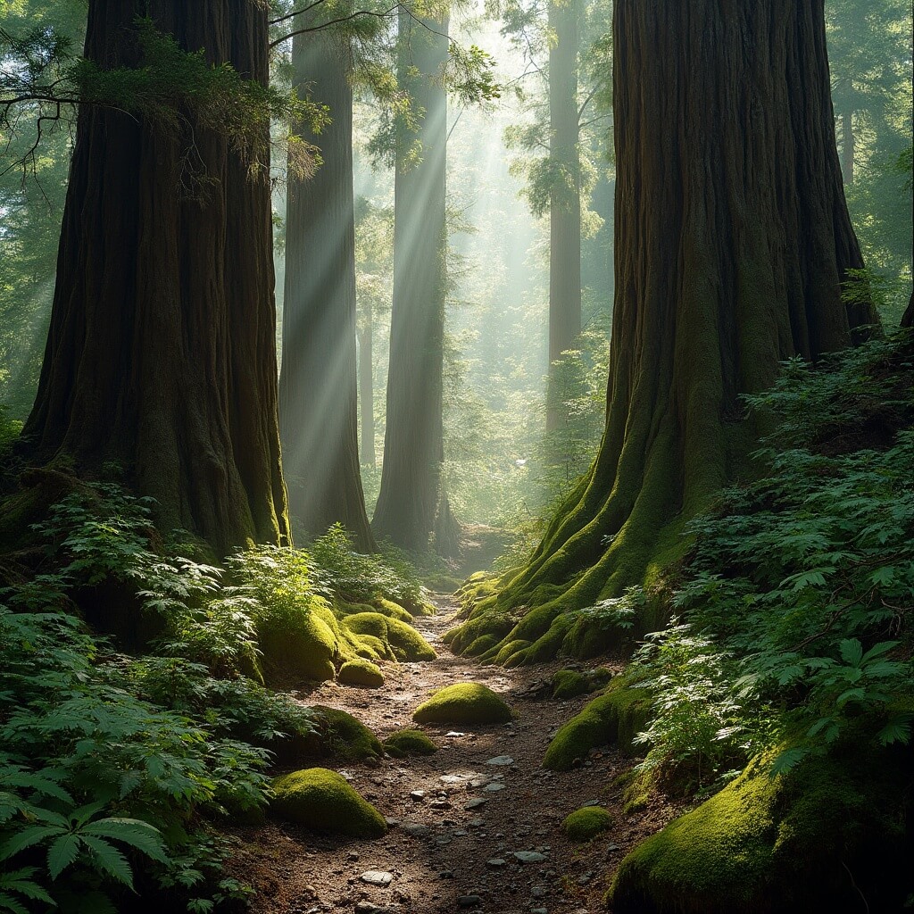 Mystical Pfeiffer Big Sur State Park with towering redwood trees, mossy forest floor, and sunlight filtering through dense canopy