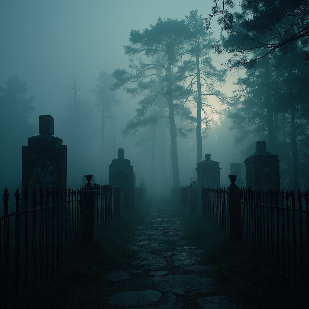 Twilight view of a fog-covered cemetery at Mount Moriah with weathered 19th-century headstones, Victorian-era wrought iron fencing, and tall ancient pine trees