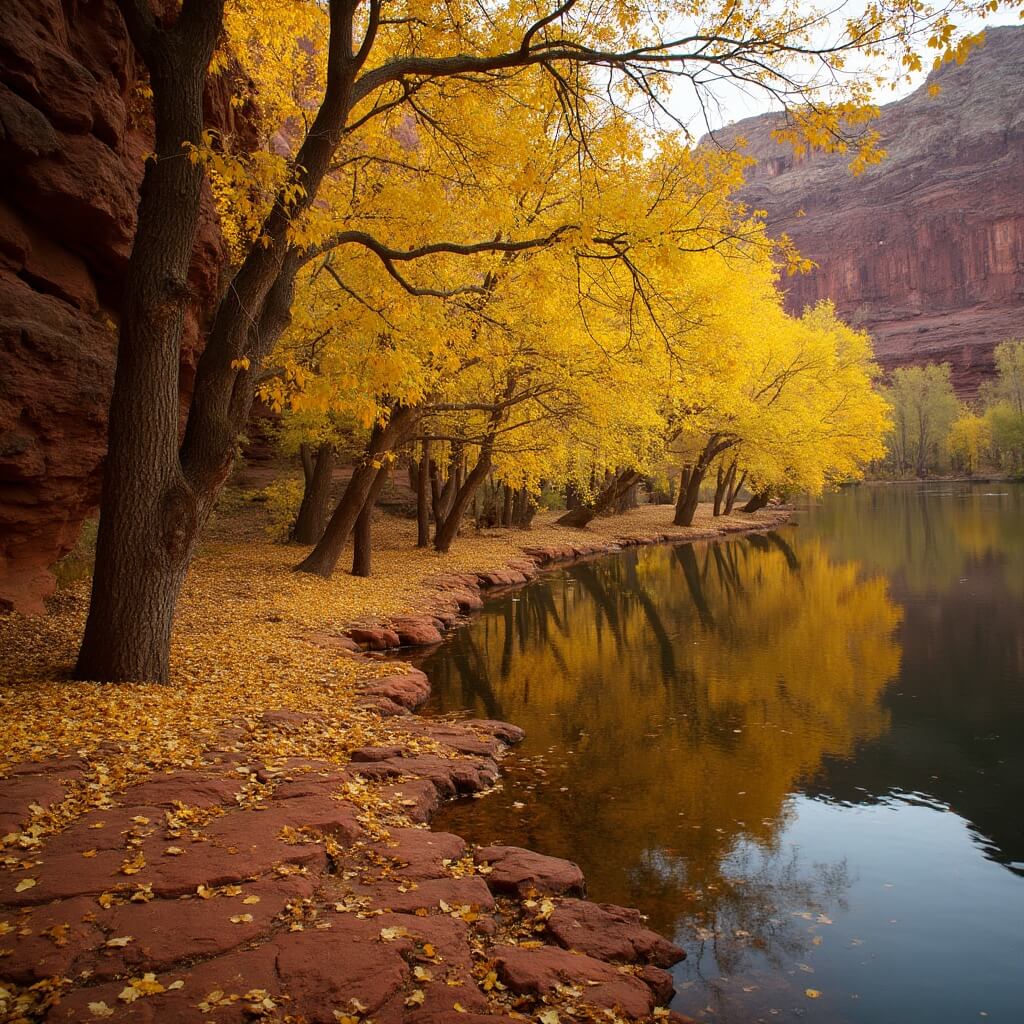 Golden autumn scene of cottonwood trees reflecting on a calm Moab river with towering red cliffs in the backdrop, scattered yellow leaves on rust-colored rocks in the foreground with warm, late afternoon light casting long shadows.