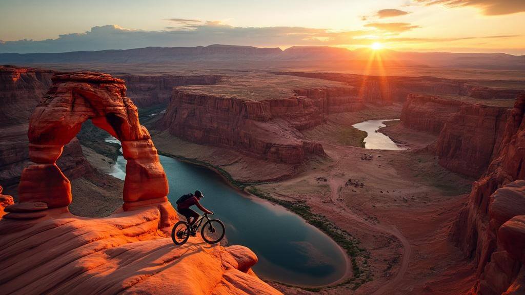 "Aerial view of Delicate Arch at sunset with a silhouette of a biker, the blue Colorado River, 4x4 vehicles, and Moab town amidst the red rock landscape"