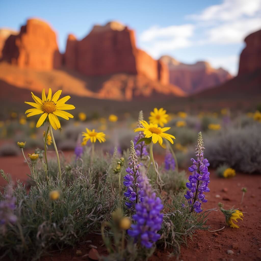 Delicate purple lupines and bright yellow desert sunflowers in a vibrant Moab landscape during golden hour, with red sandstone formations in the background.
