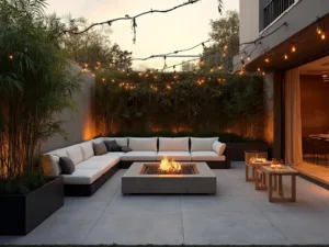 "Modern backyard oasis with charcoal sectional sofa, matte black planters with bamboo, concrete fire pit, string lights, vertical garden wall, and copper lanterns during a breathtaking sunset"