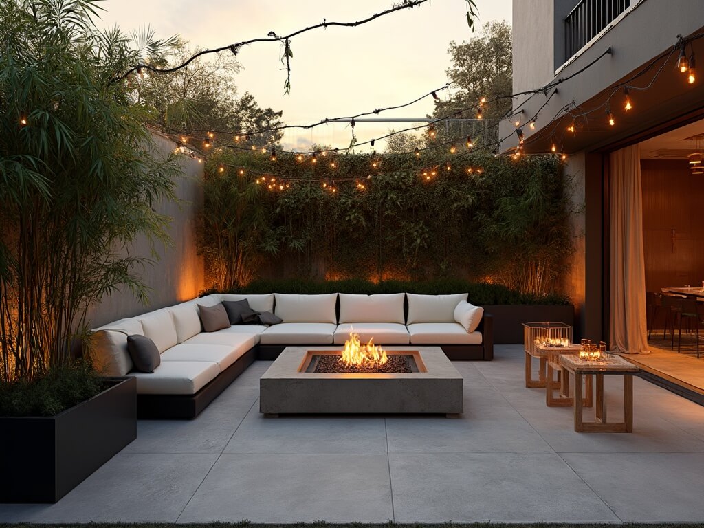 "Modern backyard oasis with charcoal sectional sofa, matte black planters with bamboo, concrete fire pit, string lights, vertical garden wall, and copper lanterns during a breathtaking sunset"