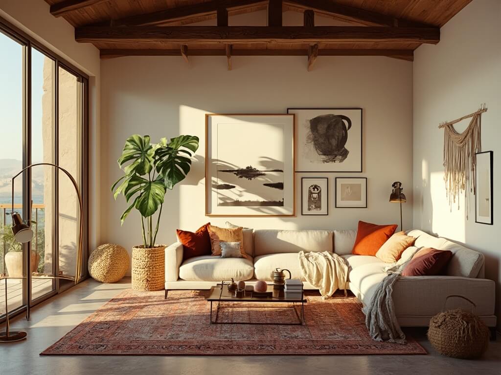 "Modern boho styled living room bathed in golden hour sunlight, featuring high vaulted ceiling, sectional sofa, vintage Persian rugs, large monstera plant, and curated gallery wall"