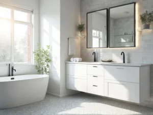 "Modern minimalist white and gray bathroom with matte black accents and natural sunlight"