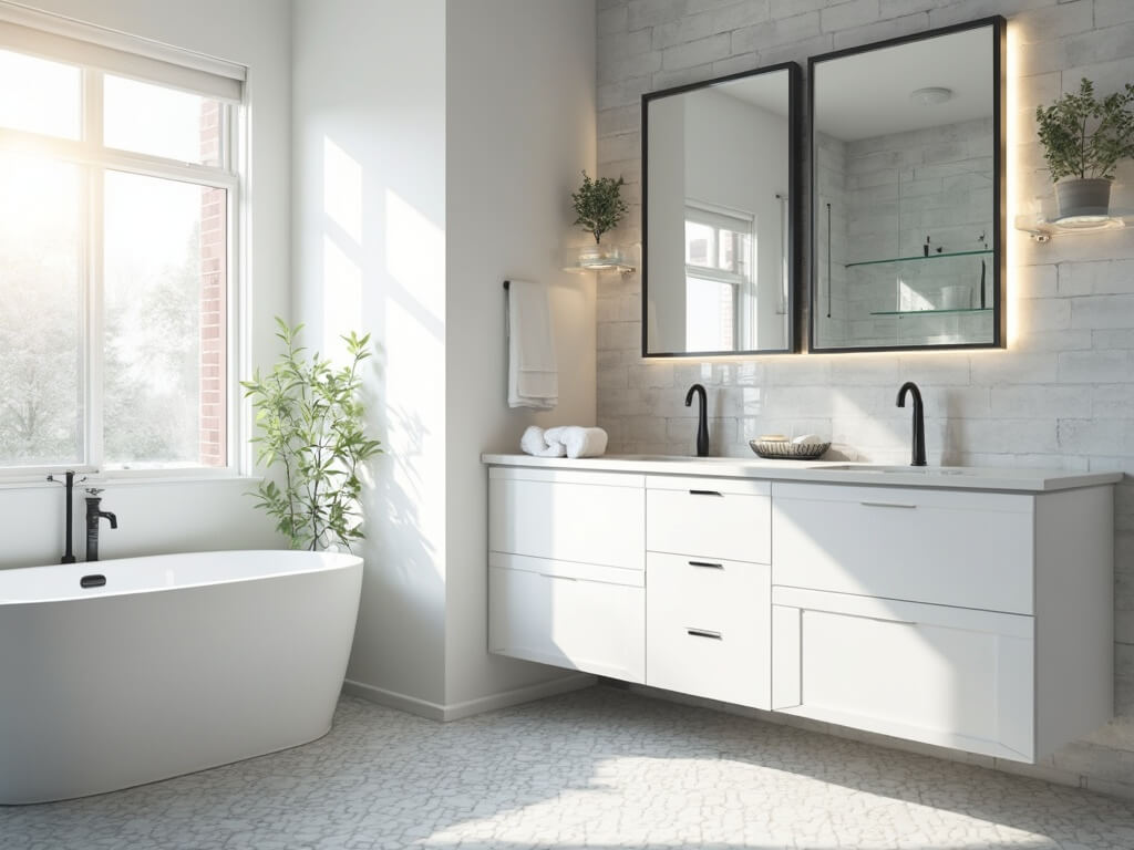 "Modern minimalist white and gray bathroom with matte black accents and natural sunlight"