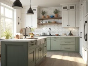 "Modern farmhouse kitchen with white shaker cabinets, sage green lower cabinets, weathered wood island, and quartz-look countertops bathed in soft morning sunlight."