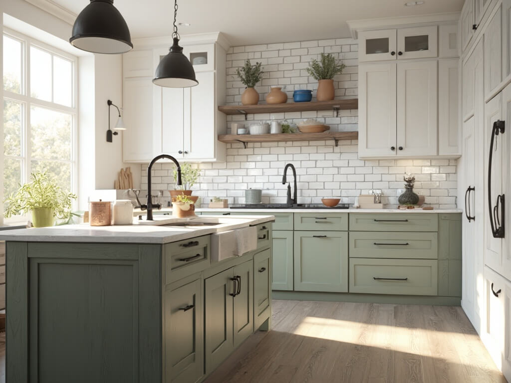 "Modern farmhouse kitchen with white shaker cabinets, sage green lower cabinets, weathered wood island, and quartz-look countertops bathed in soft morning sunlight."