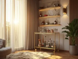 "Luxurious mini bar corner setup in a living room with art deco bar cart, crystal decanters, and veined marble accent wall during golden hour"