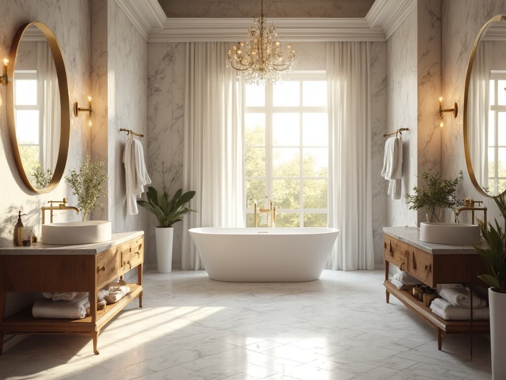 "Luxurious master bathroom with Victorian-style tub, walnut vanity, brass fixtures, and marble details during golden hour"