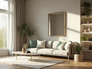 "Modern minimal small living room with light oak herringbone floor, dove-gray sectional sofa, and acrylic chairs, lit by golden hour sunlight through floor-to-ceiling windows"