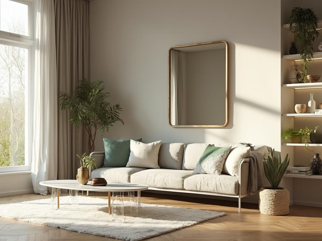 "Modern minimal small living room with light oak herringbone floor, dove-gray sectional sofa, and acrylic chairs, lit by golden hour sunlight through floor-to-ceiling windows"