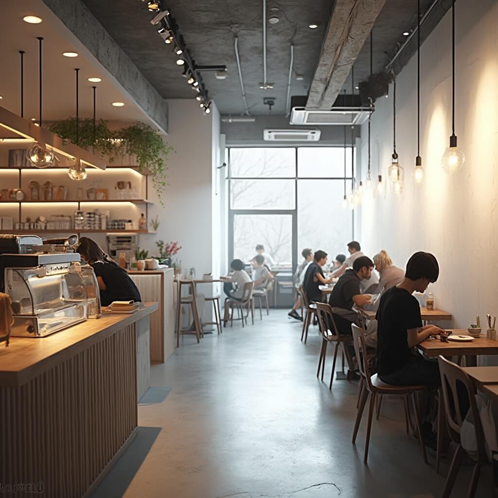 Modern minimalist coffee shop interior with students working at communal tables, natural light from floor-to-ceiling windows highlighting steaming beverages.