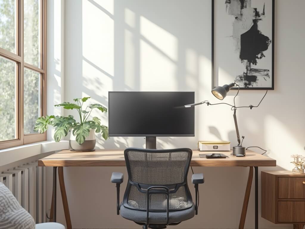 "Modern minimalist home office setup with walnut desk, ergonomic chair, laptop, and monstera plant in soft morning light"
