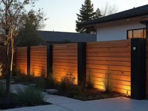 "Modern backyard fence design with ipe wood slats, steel panels and LED lighting during golden hour"