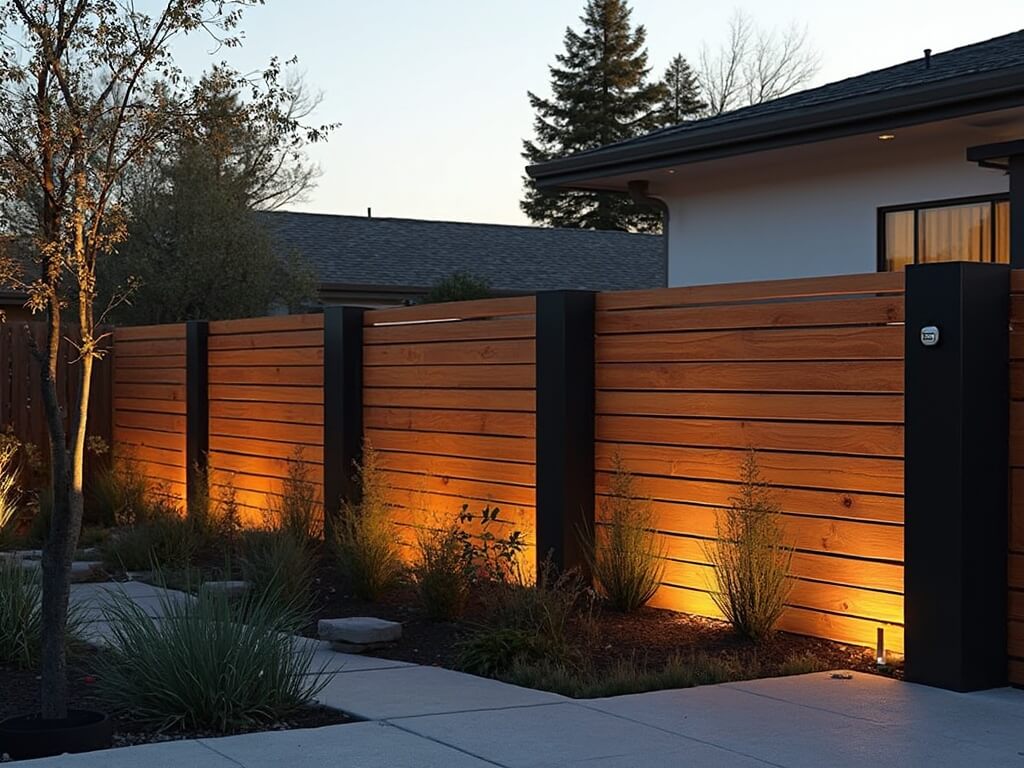 "Modern backyard fence design with ipe wood slats, steel panels and LED lighting during golden hour"
