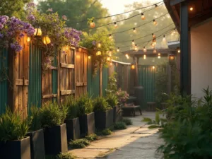 "Golden hour view of a mixed materials privacy fence in a lush garden, featuring weathered wood, bamboo panels, green corrugated metal, string lights, climbing vines and modern planters."