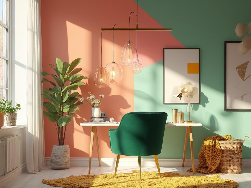 "Sunlit modern home office with geometric accent wall, emerald green chair, and white minimalist desk, shot during golden hour with professional interior lighting"