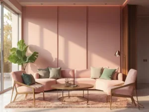 "Modern pink living room during golden hour with floor-to-ceiling windows, dusty rose sofa, brass-framed chairs, sage green throw pillows, vintage Persian rug, fiddle leaf fig plant, and brass pendant lights"