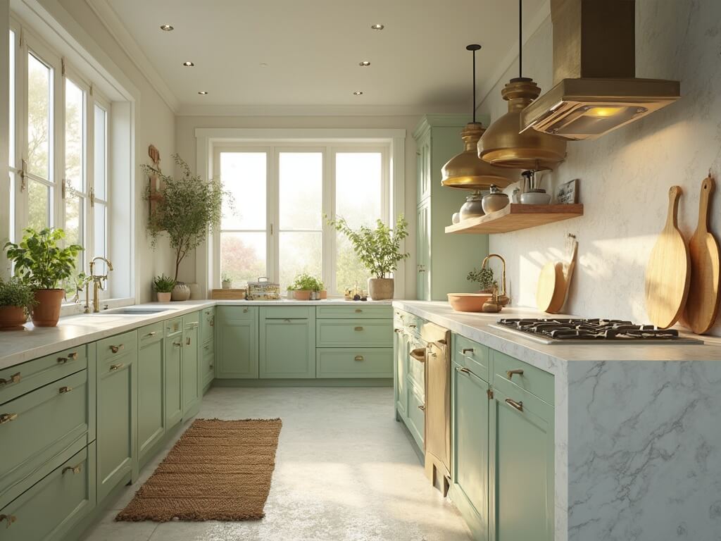 "Modern luxury kitchen with sage green cabinets, white quartz countertops, marble-topped island, natural light from large windows, and warm, organic decor elements."