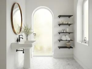 "Modern minimalist bathroom bathed in morning light, showcasing a white pedestal sink, brass oval mirror, matte black shelves with elegant decor, and marble hexagon floor tiles"