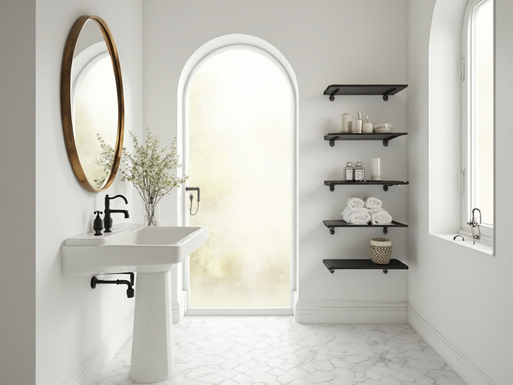 "Modern minimalist bathroom bathed in morning light, showcasing a white pedestal sink, brass oval mirror, matte black shelves with elegant decor, and marble hexagon floor tiles"