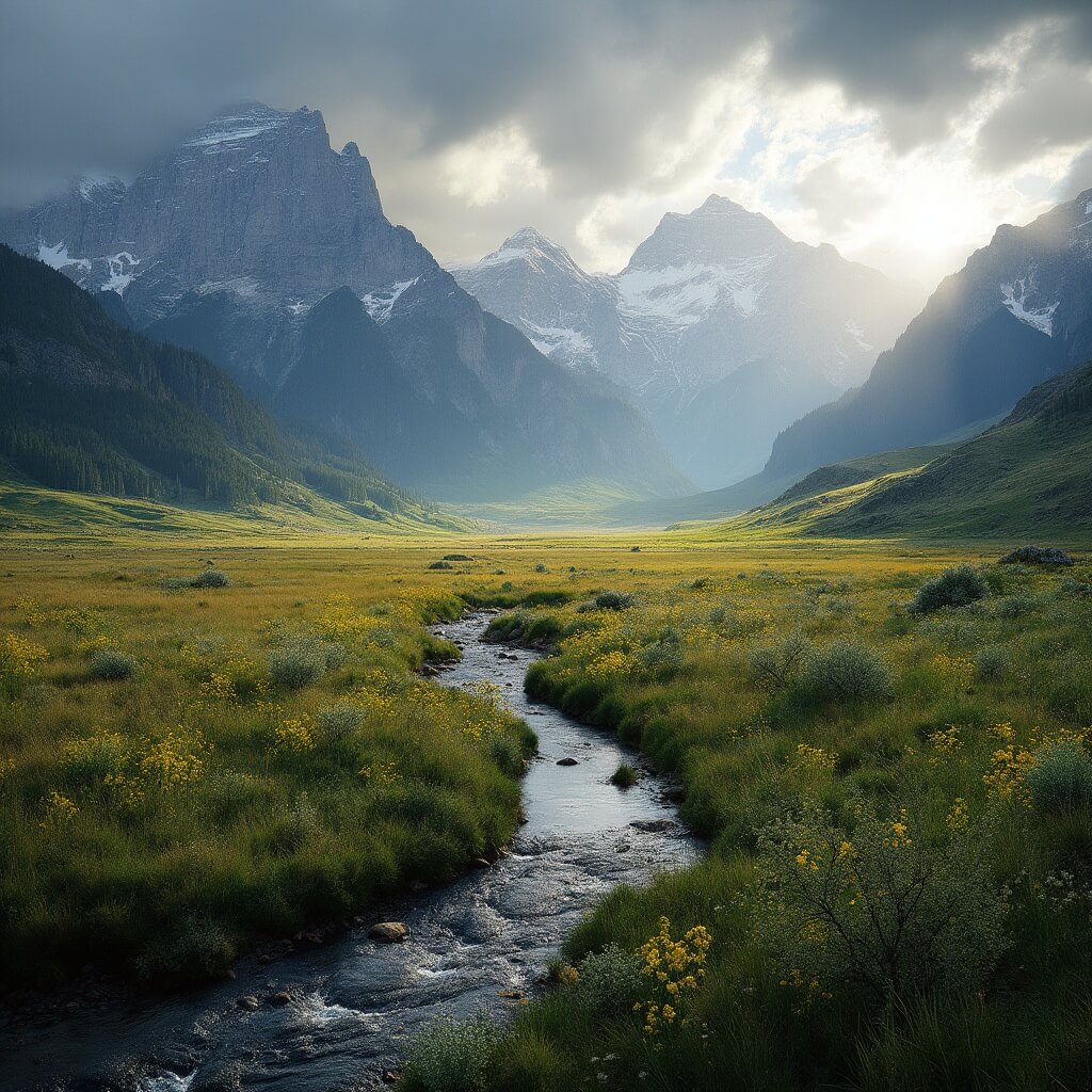 Panoramic view of Absaroka Mountains in Paradise Valley, Montana, featuring rugged peaks, meadows with wildflowers, and a winding river in the dramatic morning light