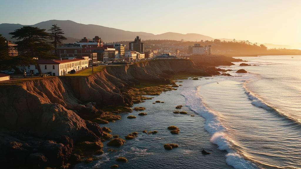 "Aerial view of Monterey Bay coastline during golden hour, featuring Cannery Row, Monterey Bay Aquarium, sea otters, Cyprus trees, small boats and Santa Cruz Mountains in the distance"