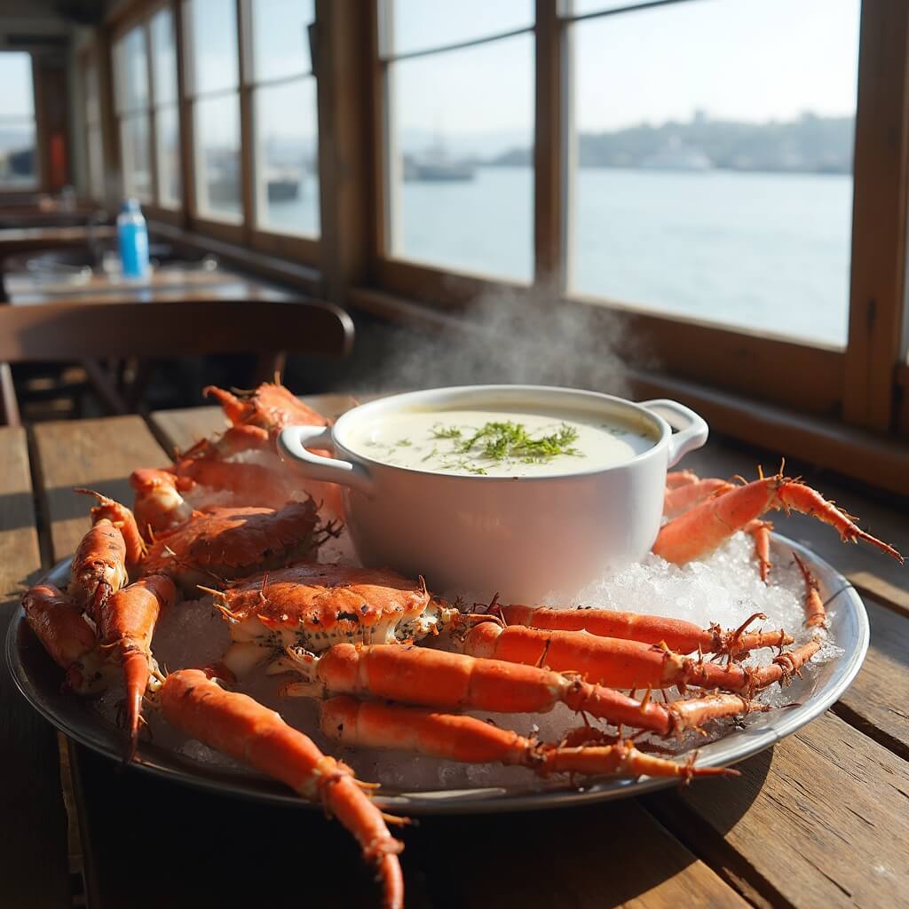 Steaming bowl of clam chowder and fresh Dungeness crab on ice at a rustic restaurant table, overlooking Monterey Bay through sunlit windows