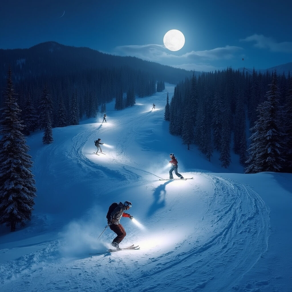 Winter night at Bolton Valley ski resort featuring moonlit snow-covered slopes, skiers with headlamps carving trails, and pine trees casting shadows on the snowy landscape