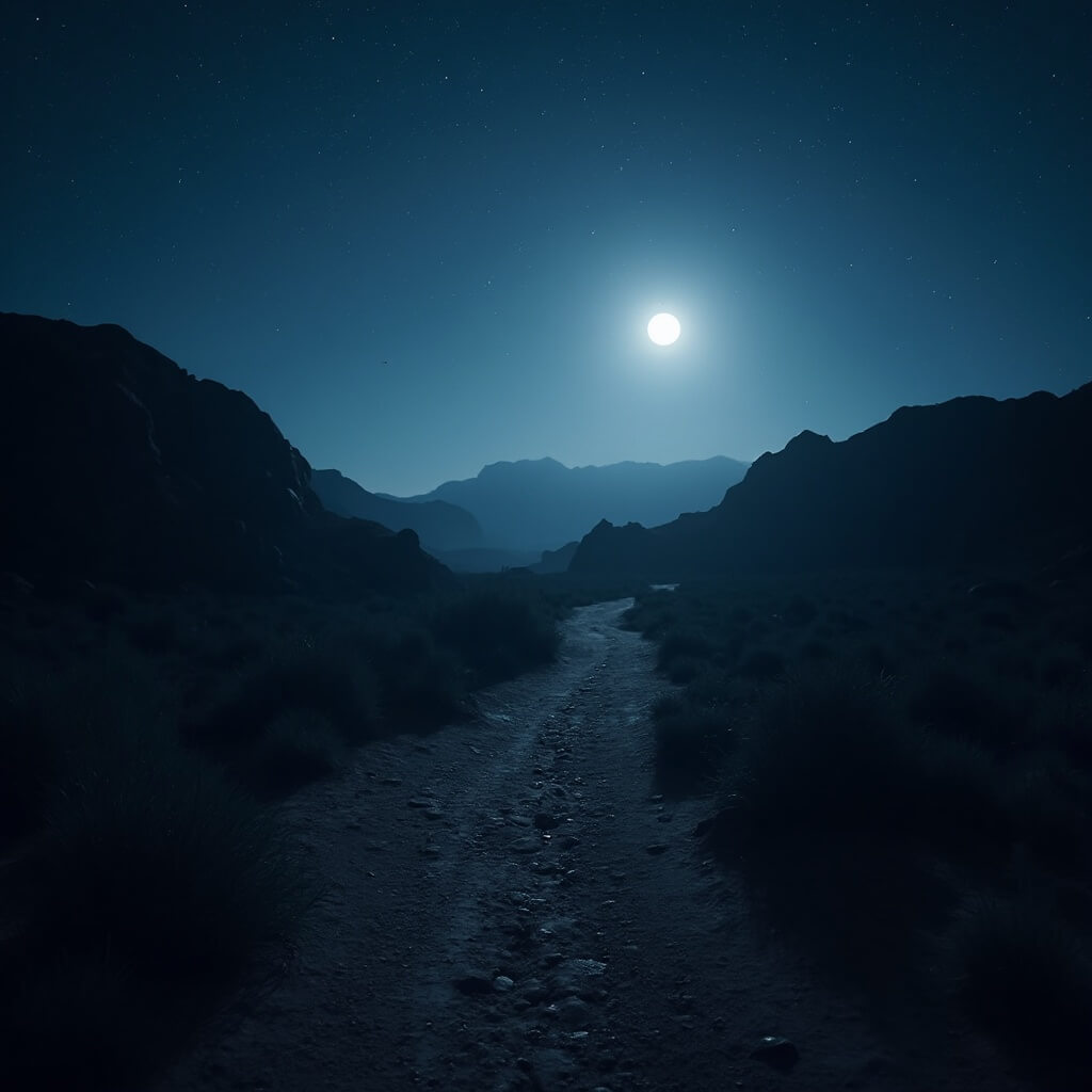 Moonlit desert hiking trail with rocky terrain and sparse vegetation under a star-studded sky, symbolizing mystery and solitude