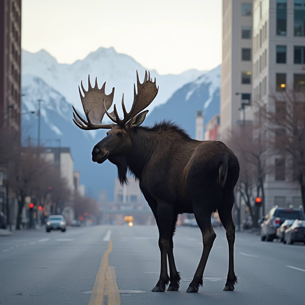 Bull moose in downtown Anchorage among modern buildings, with snow-capped mountains in the background, early morning light illuminating hyper-realistic wildlife encounter