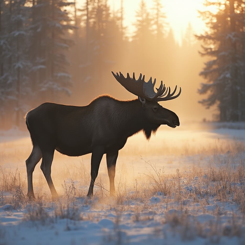 Majestic bull moose in misty meadow with spruce trees and soft sunlight during golden hour