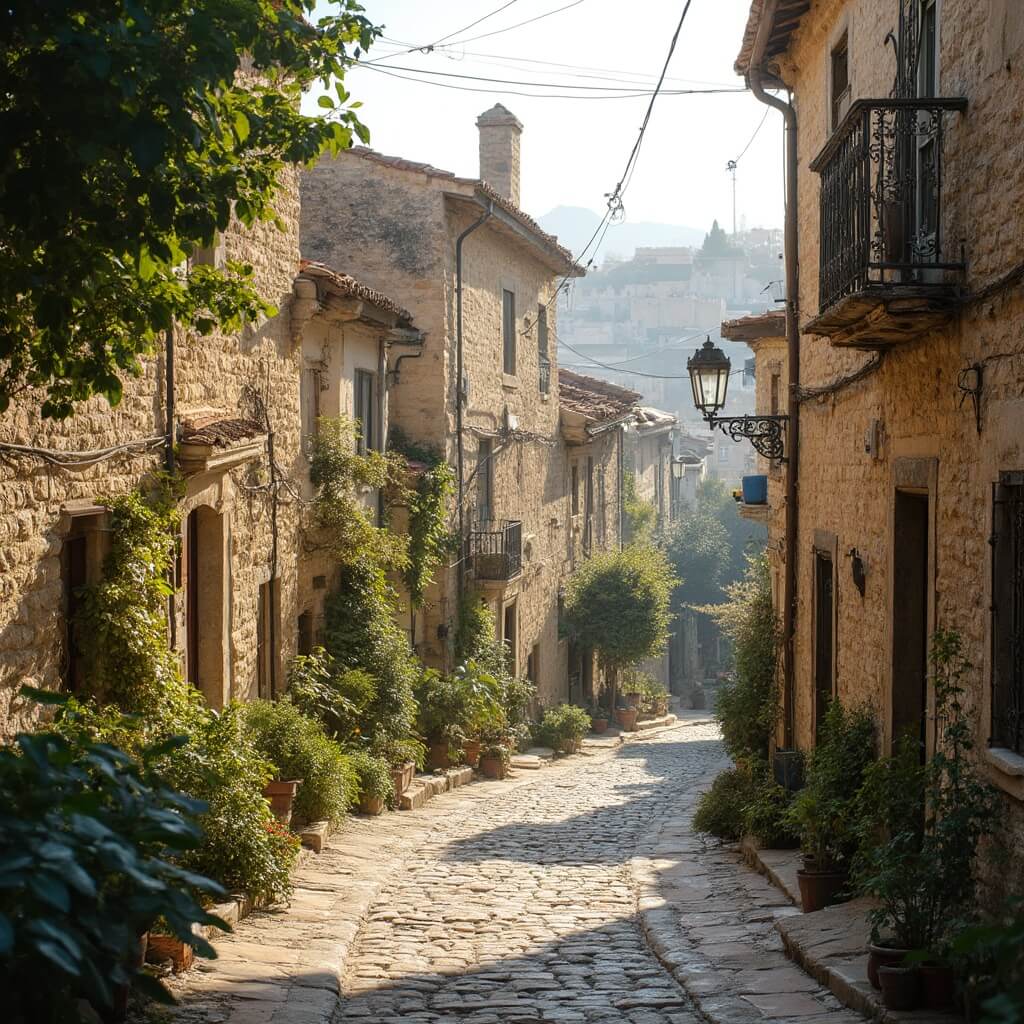 Early morning view of Bethlehem's historic Moravian district showcasing 18th-century colonial buildings, cobblestone streets, and lush gardens