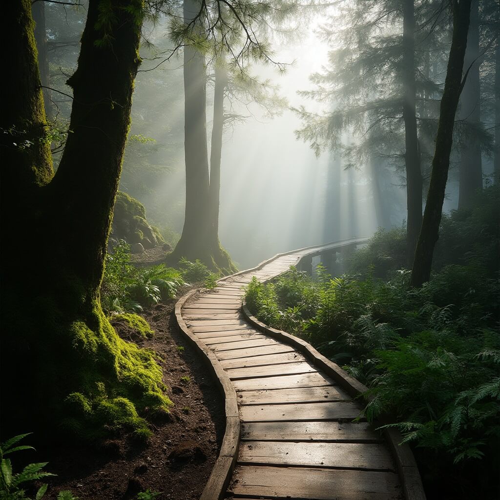 Boardwalk trail winding through a mossy Pacific Northwest forest with sunlight beaming through morning fog