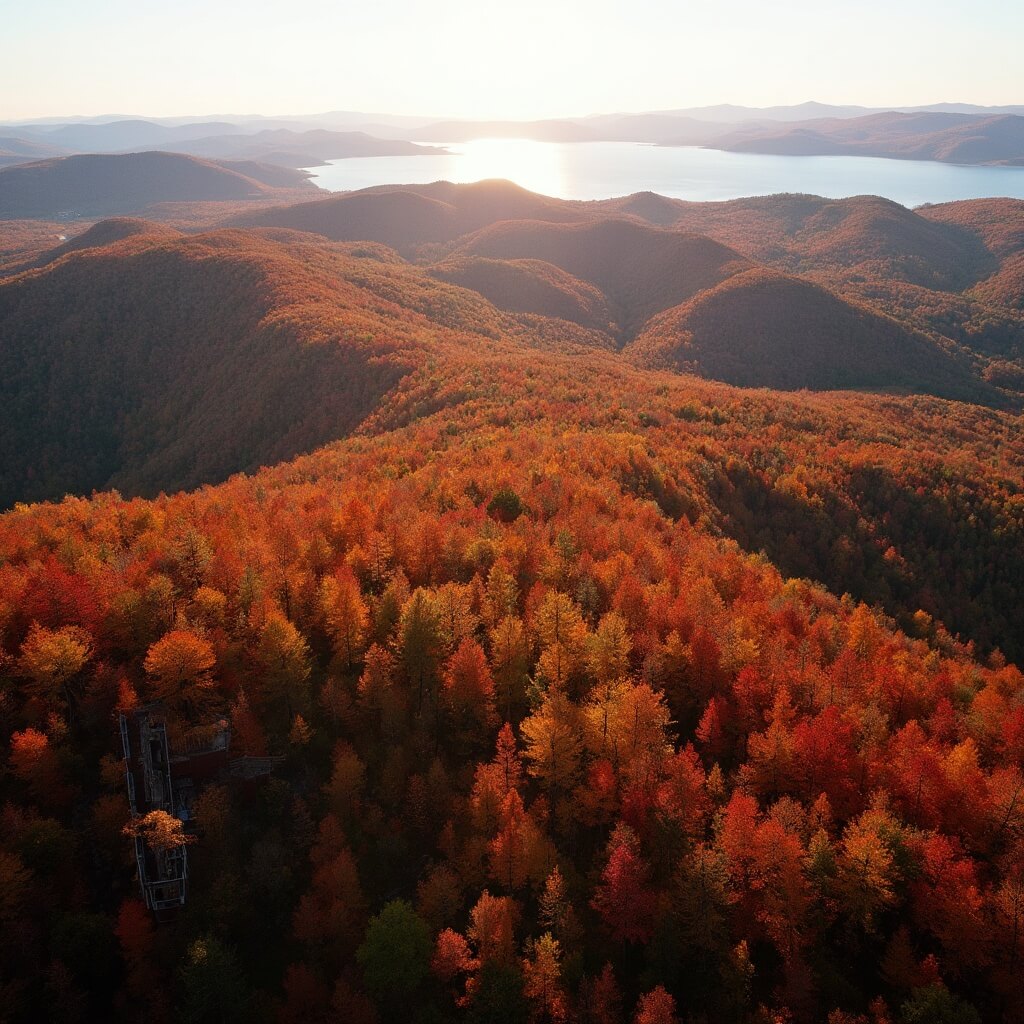 Aerial view of Mount Philo State Park in fall with colorful maple trees, long shadows, and Lake Champlain in the distance