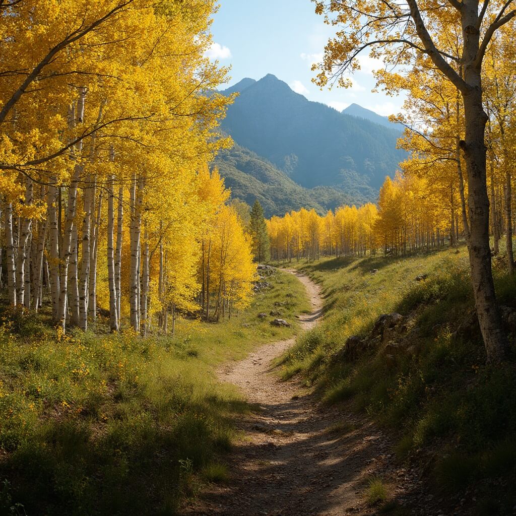 Mountain bike trail snaking through sunlit aspen forest with steep mountains in the backdrop