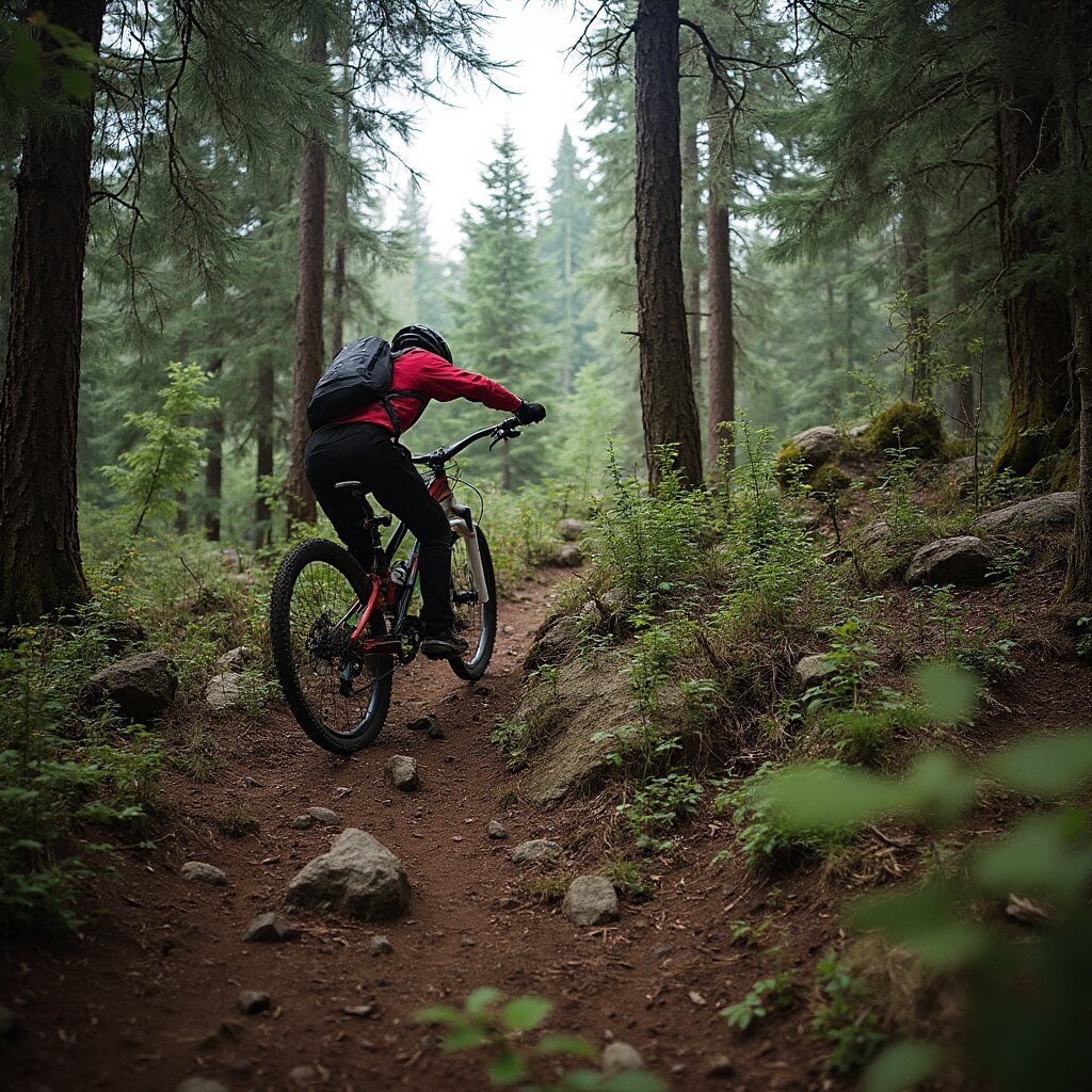 Mountain biker maneuvering a rocky trail at Hanson-Larsen Memorial Park surrounded by dense pine trees