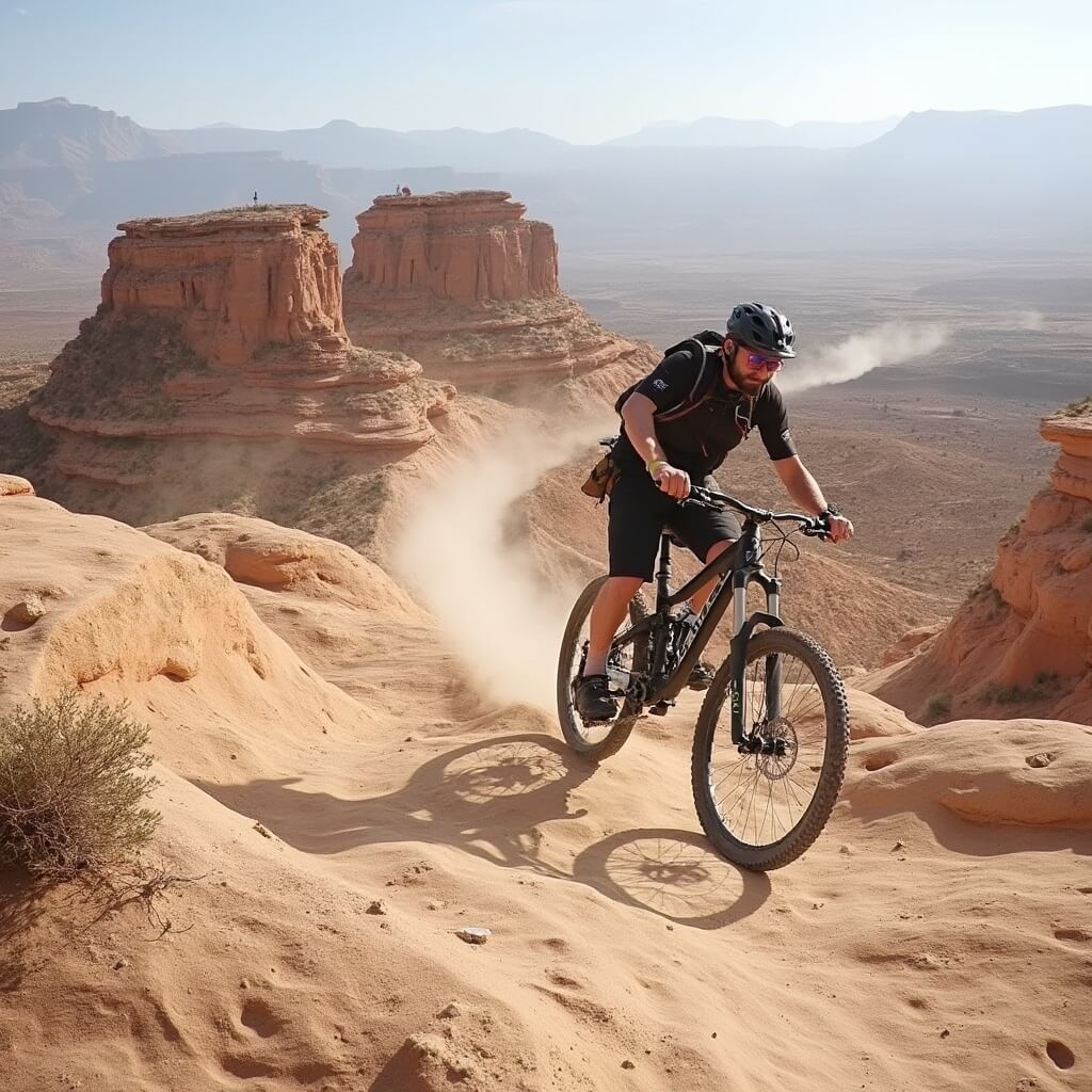 Mountain biker skillfully traversing the petrified sand dune surface of the Slickrock Trail, with a vast desert landscape in the background