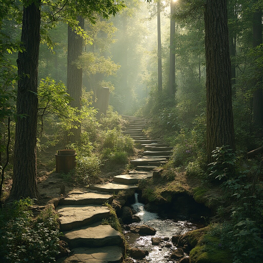 Tranquil healing garden with walking path, stone steps, wooden platforms, mountain stream, benches, and early morning light filtering through old-growth trees