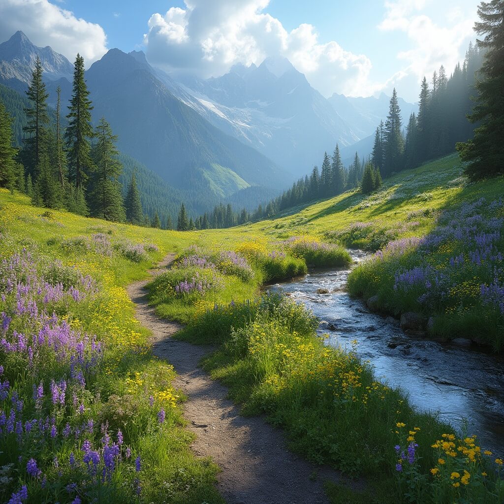 Mountain meadow trail amidst purple and yellow wildflowers, pine-covered slopes and rocky peaks with a clear stream alongside, backlit by soft morning light.