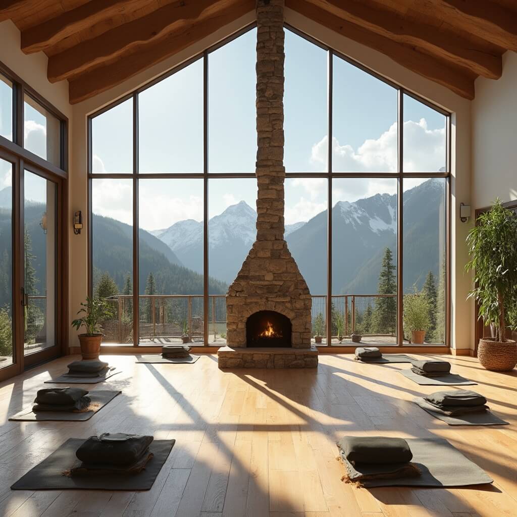Meditation room with cathedral ceilings, floor-to-ceiling windows showcasing mountain views, circular arrangement of cushions, stone fireplace, wooden floors, and minimalist decor with potted plants.