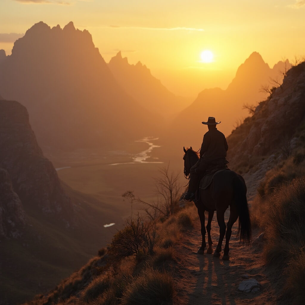 Horseback rider crossing narrow mountain trail at sunset, overlooking vast valleys and rugged peaks, embodying Western adventure and wild landscape
