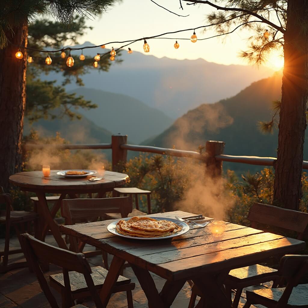 Mountain restaurant terrace with wooden furniture, freshly-served pancakes, string lights and panoramic mountain view at golden hour